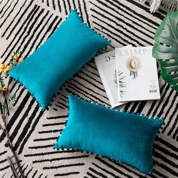 DEZENE Throw Pillow Cases 12x20 Turquoise: 2 Pack Cozy Soft Pom-poms Velvet Rectangular Decorative Pillow Covers for Farmhouse Home Decor