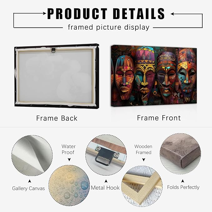 SWQYLB African Mask Wall Art Vintage Traditional Tribal Ethnic Mask Pictures Prints Abstract Africa Culture Artwork African Art Wall Decor Framed (28.00" x 42.00")