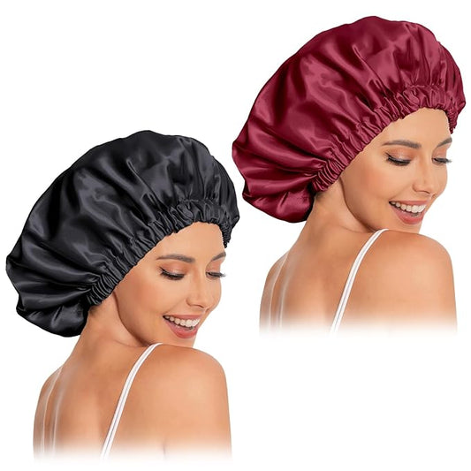 Satin Bonnet Silk Bonnet Hair Bonnet for Sleeping-Slouchy Beanie Hat Satin Sleep Cap for Women's Natural & Curly Hair(Black&Red)