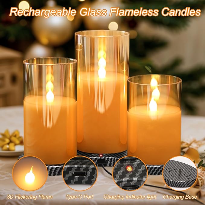 GenSwin Rechargeable Candles with Charging Station, Glass Battery Operated Flamless Candles with Remote Timer, LED Pillar Flickering Candle for Halloween Christmas Wedding Home Decor(Pack of 3, Gold)