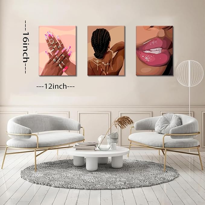 Black Girl Pink Wall Art Set of 3 African American Black Women Canvas Posters Fashion Black Girl Wall Decor Pictures Prints for Home Living Room Bedroom Bathroom Decoration 12x16 Inch Framed