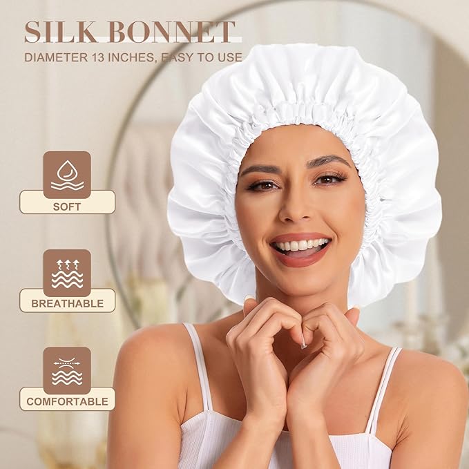 Satin Bonnet Silk Bonnet Hair Bonnet for Sleeping-Slouchy Beanie Hat Satin Sleep Cap for Women's Natural & Curly Hair(New White)