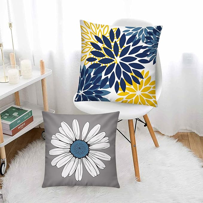 Navy Orange Throw Pillow Cover 18x18 Set of 6, Grey Blue Pillow Covers, Daisy Dahlia Pillowcase, Square Cushion Covers for Couch Sofa Living Room Home
