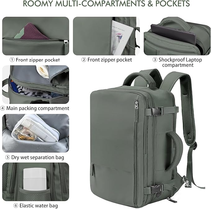 Beraliy Travel Backpack for Men Women, Airline Approved Personal Bag,17.3 Inch Laptop Backpack, Carry On Backpack for Hiking Overnight with USB Charging Hole, Olive-green