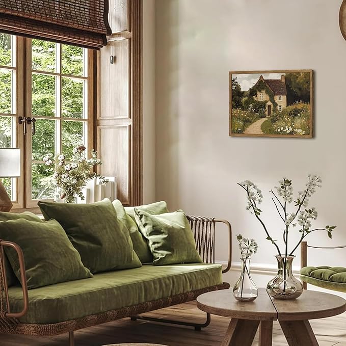 Vintage Farmhouse Wall Art, Retro Landscape Wall Decor Paintings, 3D Textured Hand Drawn Sandstone Nature Botanical Farm House Artwork for Bedroom Living Room 12x16 inch Wood Framed