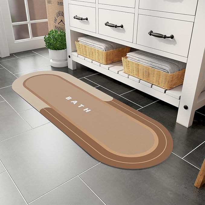 MontVoo Bath Mat Runner - Long Non Slip Absorbent Quick Dry Thin Bath Rug for Bathroom Floor Mat - Rubber Backed - Stain Resistant - Easy Care - Brown17 x50
