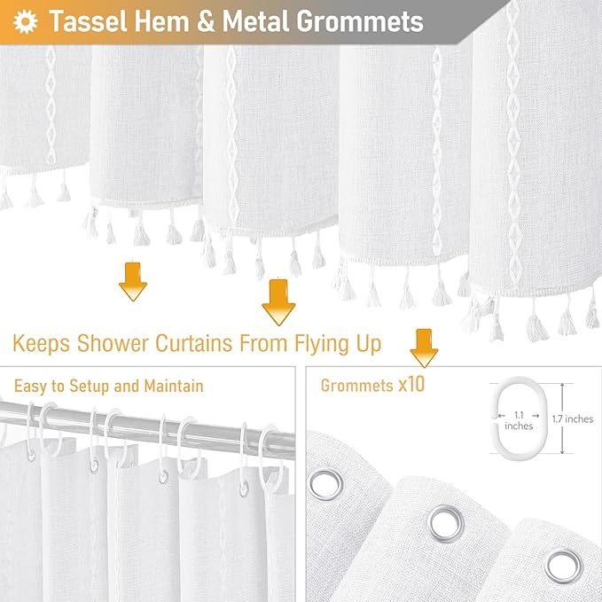 BTTN Stall Fabric Shower Curtain - 54x78 Boho Striped Linen Heavy Duty Tassel Shower Curtain Set with 10 Hooks, Narrow Rustic Modern Farmhouse Bohemian Thick Shower Curtains for Bathroom - White