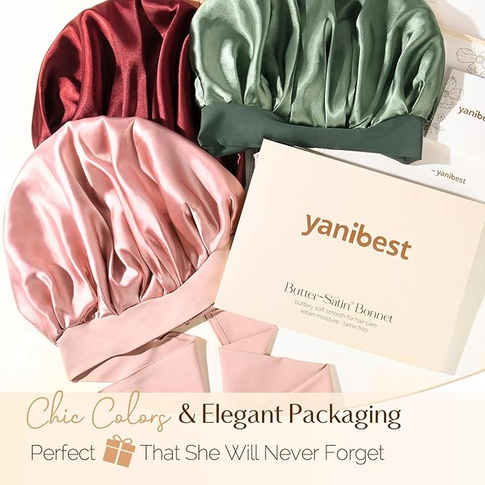 YANIBEST Silk Bonnet for Sleeping Women Satin Bonnet Double Layer Satin Lined Hair Bonnet with Tie Band Curly Hair