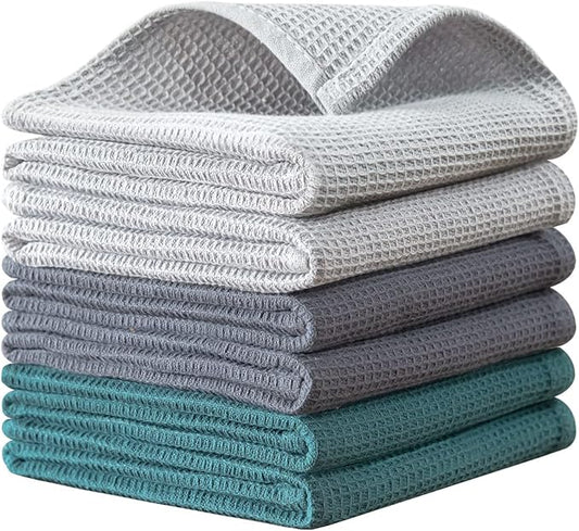 QUILTINA Dish Towels Set,100% Cotton Waffle Weave Kitchen Towels 6 Pack,17 x 25 Inches Dish Towels for Kitchen,Super Absorbent for Drying and Cleaning(Dark Green,Light Grey,Dark Grey)