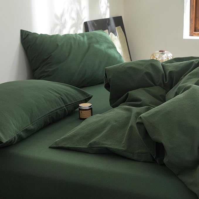 FOSSA Duvet Cover Set 100% Washed Cotton Linen Feel Super Soft Breathable Cozy 3 Pieces Bedding Sets Solid Forest Green King