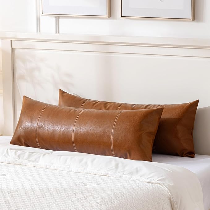 Fancy Homi 2 Packs Brown Boho Long Lumbar Faux Leather Body Decorative Throw Pillow Cover 14x36 Inch for Bedroom Couch Bed Bench, Hand Stitched Stylish Pillowcase, Rustic Modern Farmhouse Room Decor