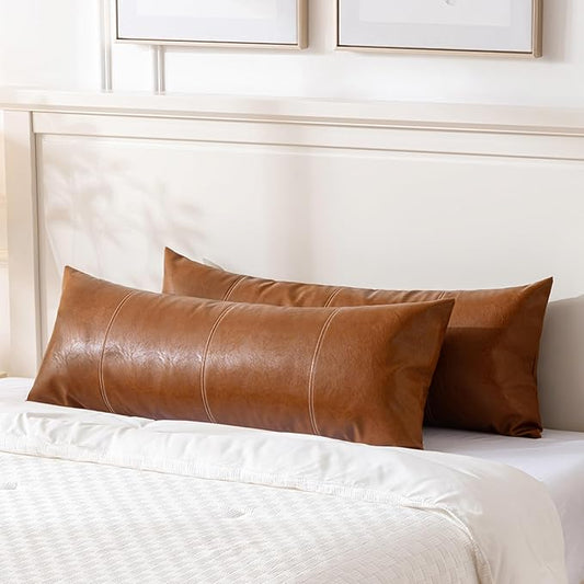 Fancy Homi 2 Packs Brown Boho Long Lumbar Faux Leather Body Decorative Throw Pillow Cover 14x36 Inch for Bedroom Couch Bed Bench, Hand Stitched Stylish Pillowcase, Rustic Modern Farmhouse Room Decor