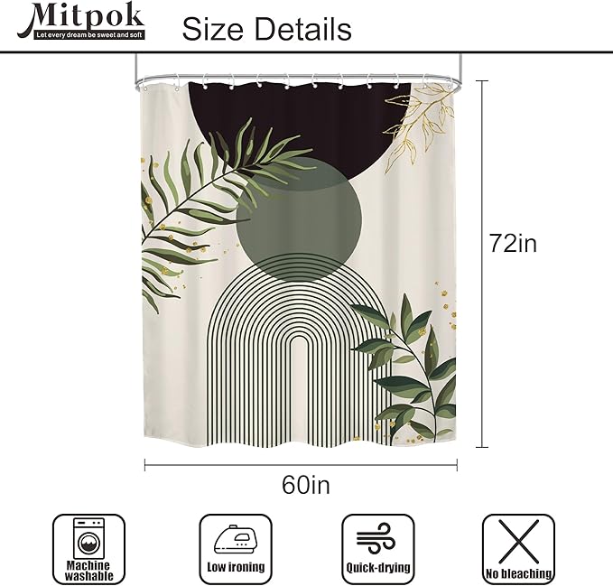 Dark Green Boho Shower Curtain 60Wx72H Black Green Modern Bohemian Mid Century Abstract Gold Leaves Plant Bathroom Decor Minimalist Geometric Neutral Bath Curtain Fabric Polyester 12 Pack Hooks