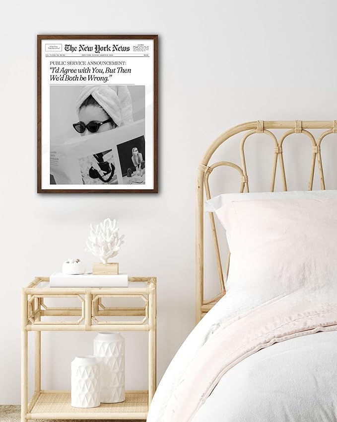 EcoHest Trendy Newspaper Framed Wall Art, 12x16 in OAK Wood Walnut Color Cool Girl Canvas Art, Magazine Bar Cart Print College Dorm Decor, Set of 1 for Bedroom Living Room