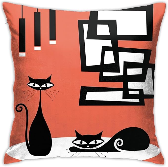 Mid Century Modern Cats and Atomic Art Square Pillow Case Throw Pillow Covers Decorative Pillowcase Cushion Cover with Car Couch Sofa Chair Bed Living Room 18x18 Inch