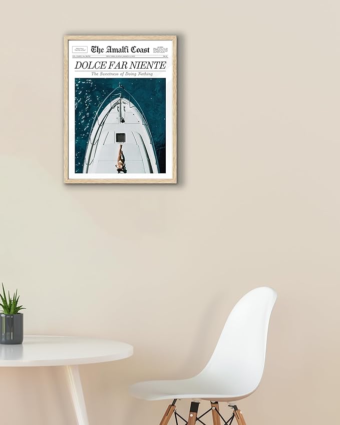 EcoHest Trendy Newspaper Dolce Far Niente Framed Wall Art, 12x16 in OAK Wood La Dolce Vita Canvas Art, Magazine Italian Summer Headline Print Decor, Beige Logs Set of 1 for Bedroom Living Room