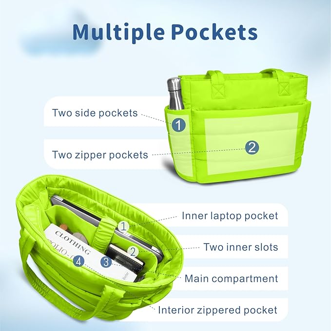 TOPDesign Puffer Tote Bag for Women, Lightweight Puffy Handbag with Compartments, Quilted Shoulder Bag for Work, Travel, Gym