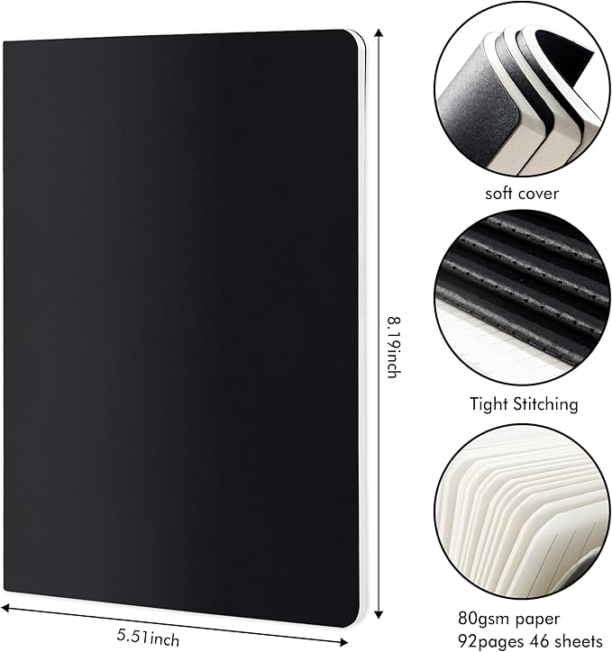 feela 16 Pack Soft Cover Journal Bulk, Lined Notebooks College Ruled for Work for Women Girl Writing, Blank Travel Journal Note Taking Notebook School Business Supplies, 8.2” x 5.5”, A5, Black