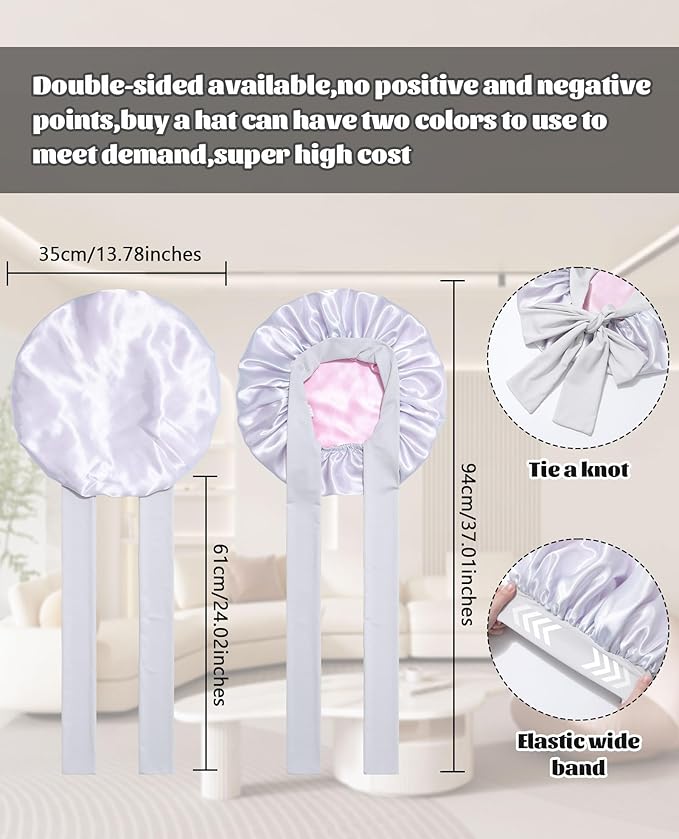 Satin Bonnet Silk Bonnet for Sleeping Silk Sleep Cap Double Layer Hair Bonnet with Elastic Tie Band for Curly Hair Night Cap (Light silver+Pink)