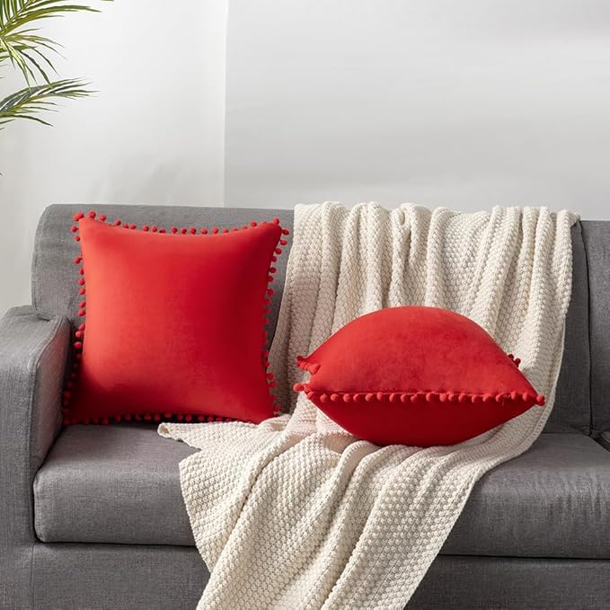 DEZENE Throw Pillow Covers 24x24 Red: 2 Pack Cozy Soft Pom-poms Velvet Square Decorative Pillow Cases for Farmhouse Home Decor