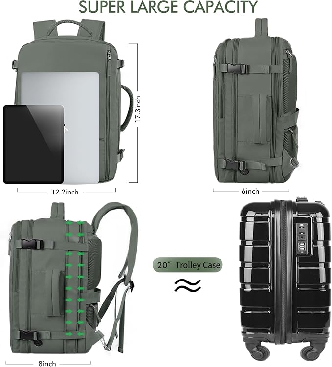 Beraliy Travel Backpack for Men Women, Airline Approved Personal Bag,17.3 Inch Laptop Backpack, Carry On Backpack for Hiking Overnight with USB Charging Hole, Olive-green