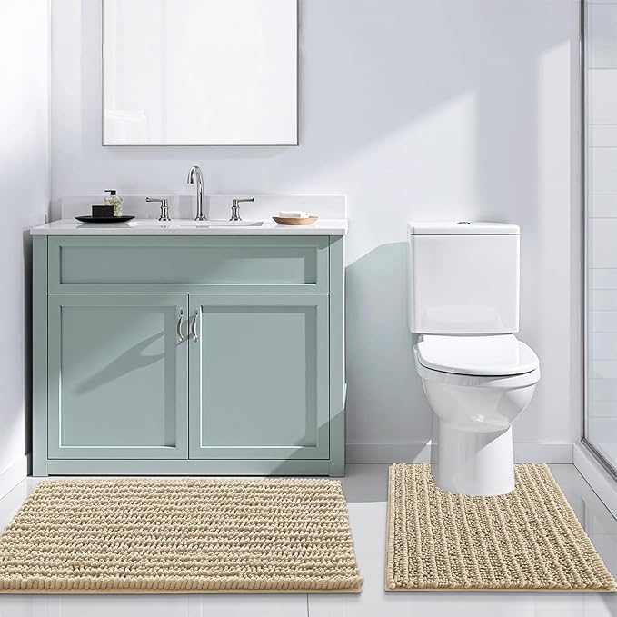 Arotive Luxury Chenille Bathroom Rug Mat, Extra Soft Thick Absorbent Shaggy Bath Rugs, Non-Slip Machine Wash Dry, Plush Bath Mats for Bathroom, Shower and Tub, 47x24, Beige