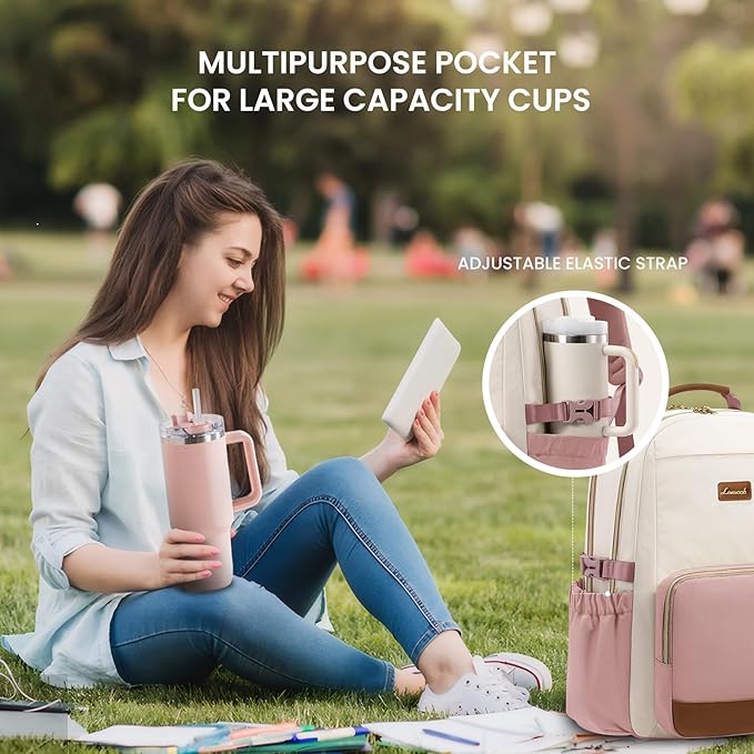 LOVEVOOK Laptop Backpack for Women with Pouch Pocket for Large Capacity Cup,18 Inch Teacher Nurse College Work Backpack Purse,Waterproof Laptop Bag Computer Back Pack for Travel, Beige-Pink-Brown