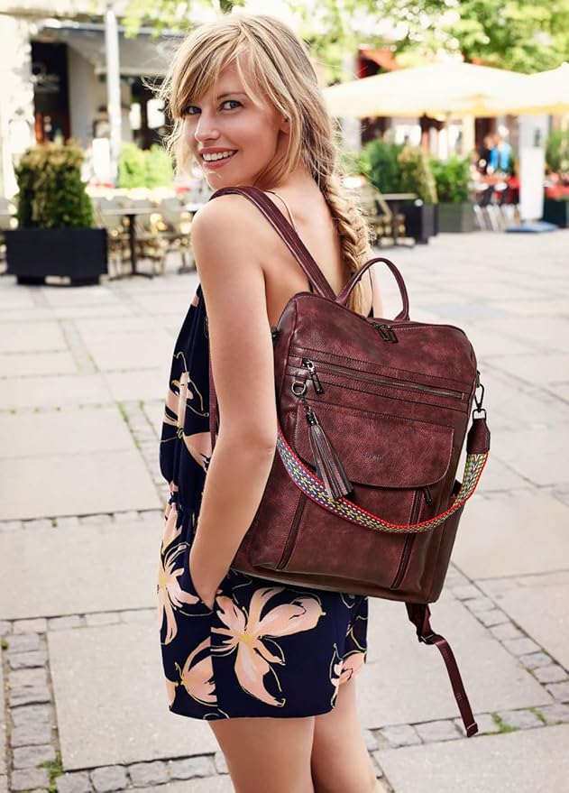 Shrrie Laptop Backpack for Women 15.6 inch,Travel Leather Backpack Purse Nurse Teacher Carry on Backpack Computer Bag,Professional Water-Resistant College Business Work Casual Daypack,Two-tone Maroon