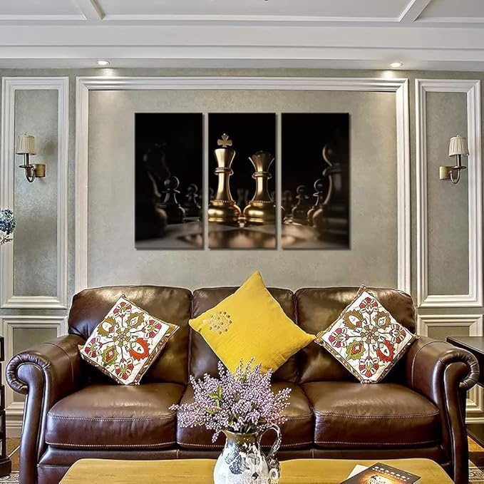 Chess Wall Art Black and Gold Canvas Wall Decor King and Queen Paintings for Living Room Office 3 Pieces Pictures Prints Poster Artworks Framed Ready to Hang(14x 28inch/3 PCS)