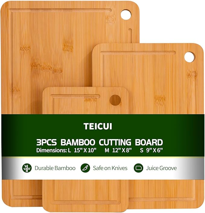 Bamboo cutting boards for home and kitchen,chopping board with juice groove,hanging hole and handles,for charcuterie,meat,bread,cheese,fruit and vegetables,Natural Bamboo, Set of 3(S+M+L)