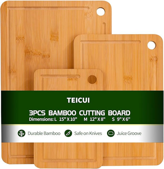 Bamboo cutting boards for home and kitchen,chopping board with juice groove,hanging hole and handles,for charcuterie,meat,bread,cheese,fruit and vegetables,Natural Bamboo, Set of 3(S+M+L)