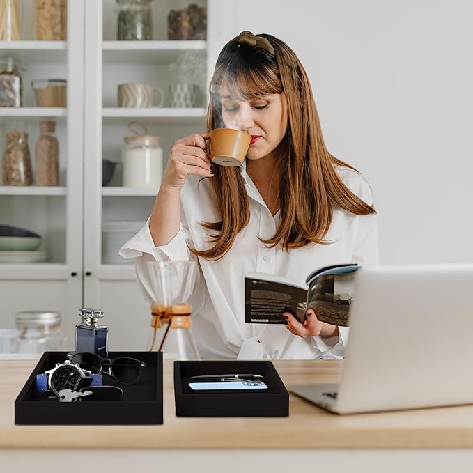 BBK Bathroom Vanity Tray- 2 Pack (7.8" and 11.8") Silicone Bathroom Tray for Counter, Perfume Key Trinket Ring Tray, Decor Soap Dispenser Countertop Tray for Kitchen Sink Organization.(Black)