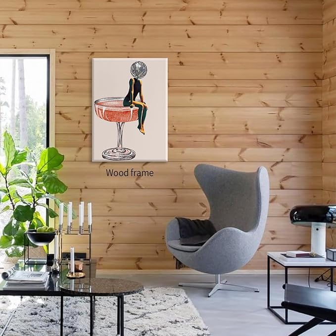 Funky Disco Ball Girly Head Poster 70s Retro Cocktail Canvas Wall Art 08x10 inch Framed Trendy Vintage Beige Prints Painting for Family Bar Wall Decor