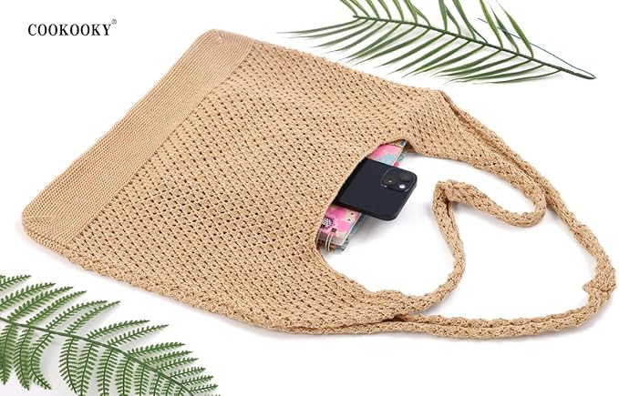 COOKOOKY Crochet Beach Tote bag Summer Beach Bag for Women Aesthetic Mesh Tote Bag Hippie Bag Knit Bag