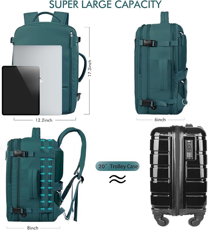 Beraliy Extra Large Travel Backpack for Women as Person Item Flight Approved, 40L Carry On Backpack, 17.3 Inch Laptop Backpack, Waterproof Backpack, Hiking Backpack, Casual Bag,Peacock Blue