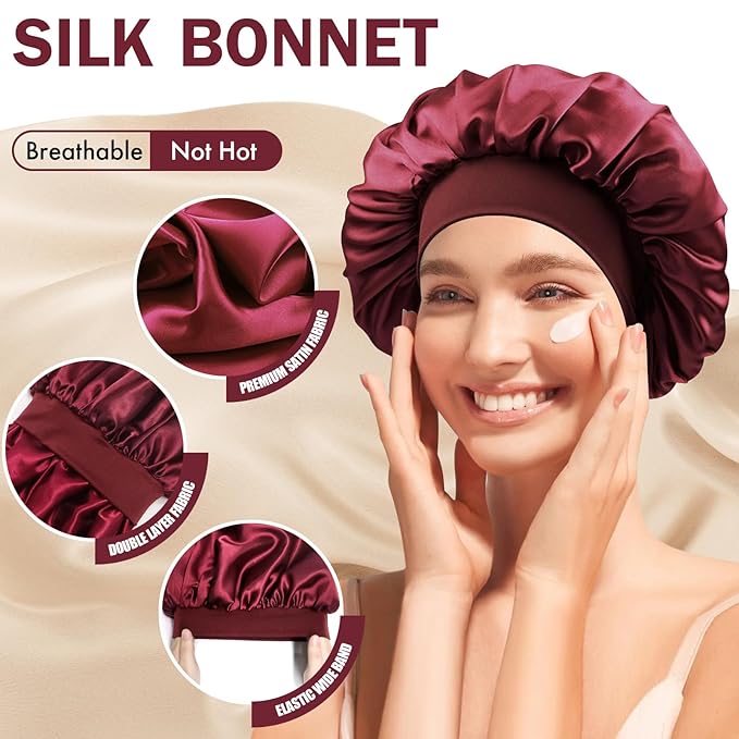 Satin Silk Bonnet for Sleeping, Double Layer Silk Sleep Cap for Men & Women, Soft Satin Lined Bonnet for Natural & Curly Hair(Red)