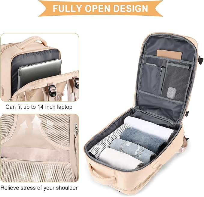 coowoz Travel Backpack For Women Men,Carry On Backpack,Hiking Backpack Waterproof Outdoor Sports Rucksack Casual Daypack Travel Essentials（Beige）