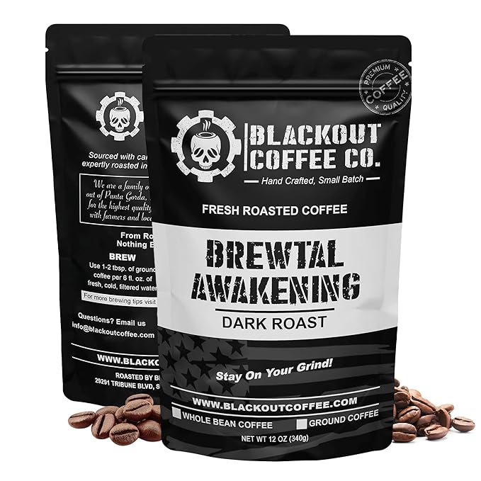 Blackout Coffee Brewtal Awakening Whole Bean Coffee – Dark Roast, High Caffeine, Bold & Strong – Freshly Roasted 12oz Bag, American Made