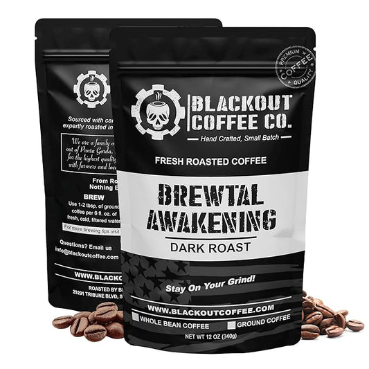 Blackout Coffee Brewtal Awakening Whole Bean Coffee – Dark Roast, High Caffeine, Bold & Strong – Freshly Roasted 12oz Bag, American Made
