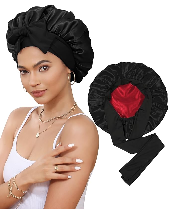 Satin Bonnet Silk Bonnet for Sleeping Silk Sleep Cap Double Layer Hair Bonnet with Elastic Tie Band for Curly Hair Night Cap (Black+Red)