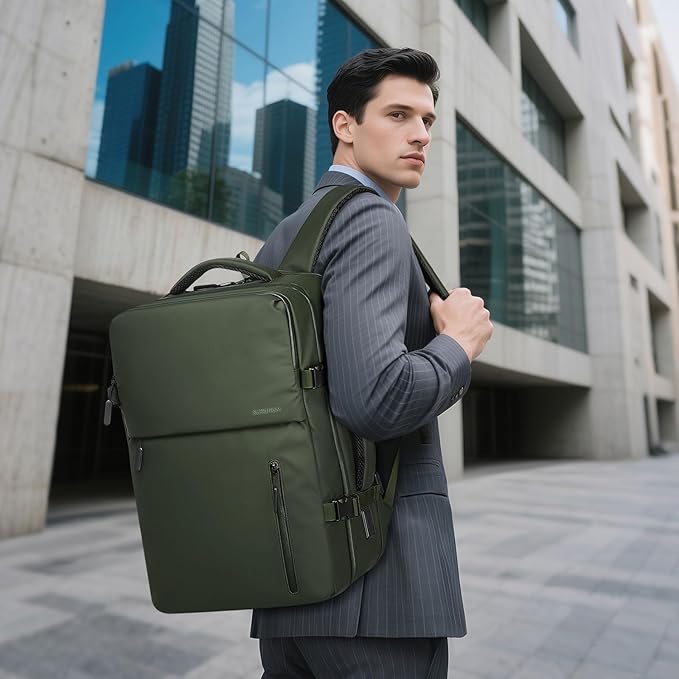 Business Travel Carry on Backpack, Lay Flat Luggage Style Bag with USB C & A, 16-inch Suitcase Capacity, Airline Approved, Green