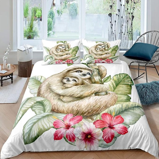 Feelyou Sloths Tropical Leaves Comforter Cover Set Sloth Mother and Baby Bedding Set for Kids Boys Girls Cute Animal Duvet Cover Lovely Bedspread Cover Bedroom Collection 3Pcs Full Size