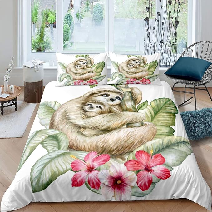Feelyou Sloths Tropical Leaves Comforter Cover Set Sloth Mother and Baby Bedding Set for Kids Boys Girls Cute Animal Duvet Cover Lovely Bedspread Cover Bedroom Collection 3Pcs Queen Size
