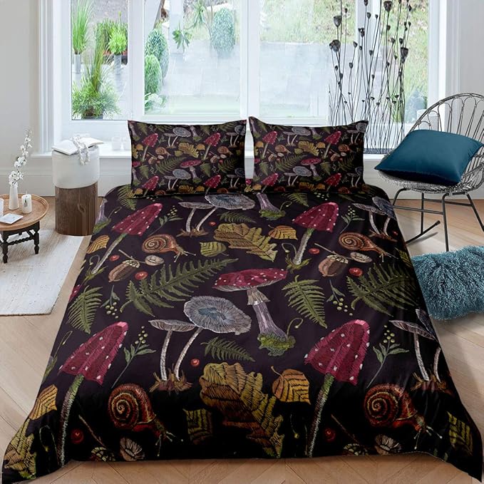 Wild Mushroom Duvet Cover Twin Size,Burgundy Plant Fall Leaves Bedding Set 2pcs for Kids Farmhouse Style Snail Print Comforter Cover Soft Quilt Cover,1 Pillow Case,No Comforter