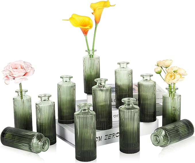 Green Glass Bud Vases Set of 12, Mini Ribbed Flower Vase for Centerpieces, Small Glass Vases in Bulk for Wedding Decorations, Vintage Vase for Table, Housewarming Gift, Home Décor