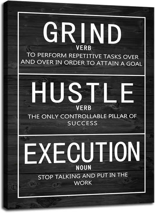 Motivational Canvas Painting Wall Art Grind Verb Hustle Verb Execution Noun Inspirational Poster Prints Artwork Pictures for Home Decor Office Framed Ready to Hang [18''W x 24''H]