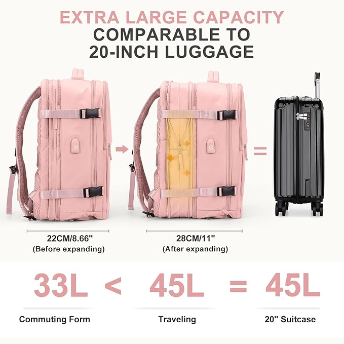 coowoz Large Travel Backpack For Women Men, Carry On Backpack,Hiking Backpack Waterproof Outdoor Sports Rucksack Casual Daypack Expandable Heavy Duty Extra large Backpack Pink Expansion