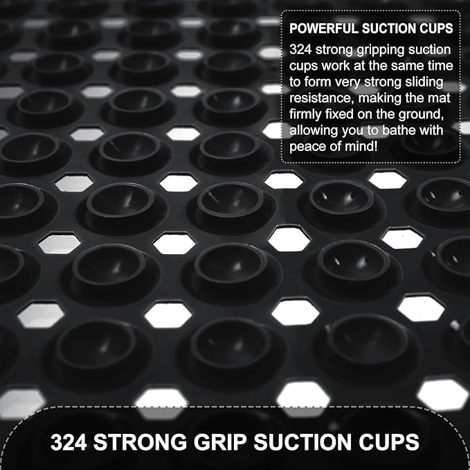 Bath Mat for Tub & Shower, Non Slip Soft Bathmat with Suction Cups & Drain Holes, Machine Washable Bathtub Floor Liner Mats for Bathroom, 35x16 Inch, Black