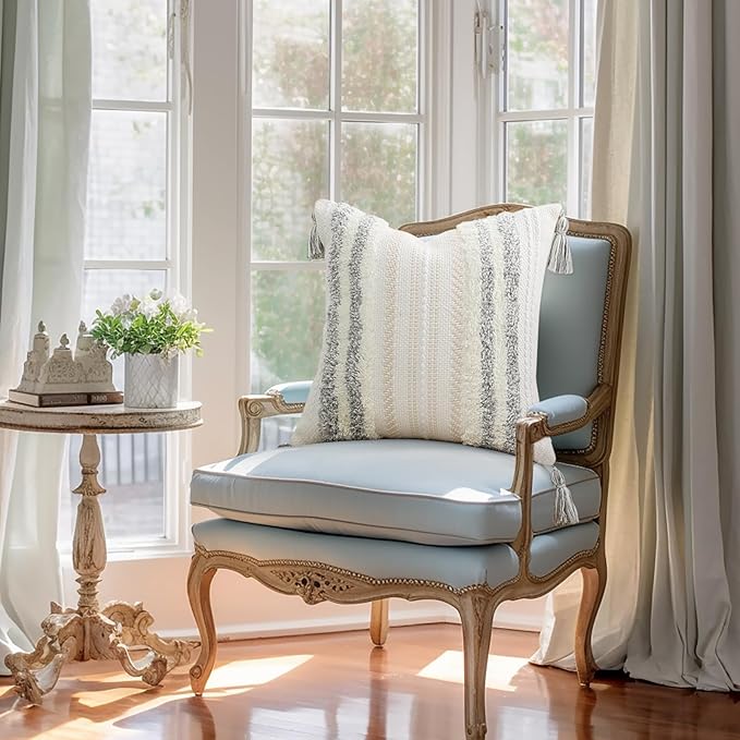 decorUhome Decorative Boho Throw Pillow Cover 20x20, Accent Neutral Textured Tufted Pillow Cover Striped for Couch Bed Sofa, Light Grey and Cream White, Pack of 1