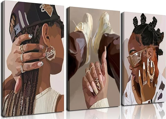 Marllifenney 3Pcs Black Girl Wall Art Framed Trendy Black Woman Decor Posters Abstract African American Canvas Prints Modern Black Women Painting Female Pictures for Bedroom Living Room Dorm 16x24in